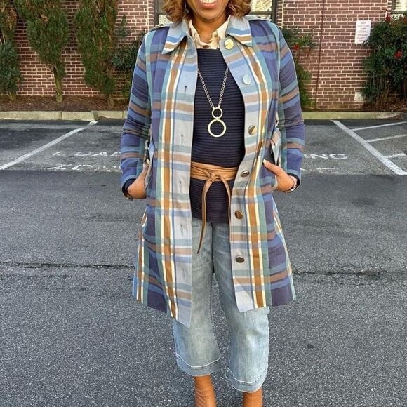 Cabi Blue & Tan Plaid Highclere Trench Jacket. Size Medium. NWOT - Picture 9 of 12